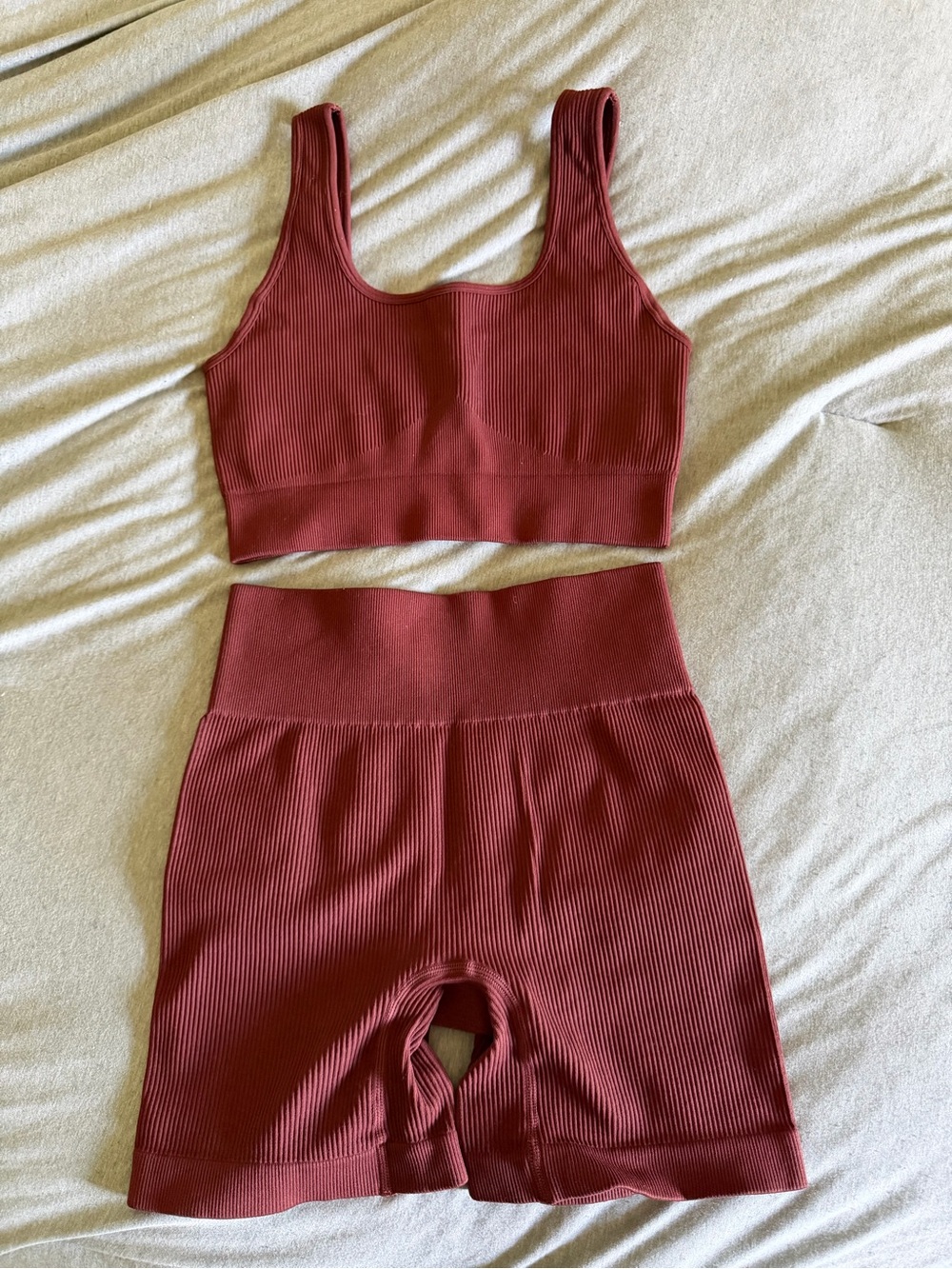 Seamless Ribbed Crop Tank & High-Waist Bike Shorts Set - Brown